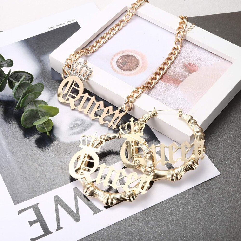 Women Punk Hip Hop Necklace Earring Set Stainless Steel 80s Bamboo Hoop - Picture 4 of 6